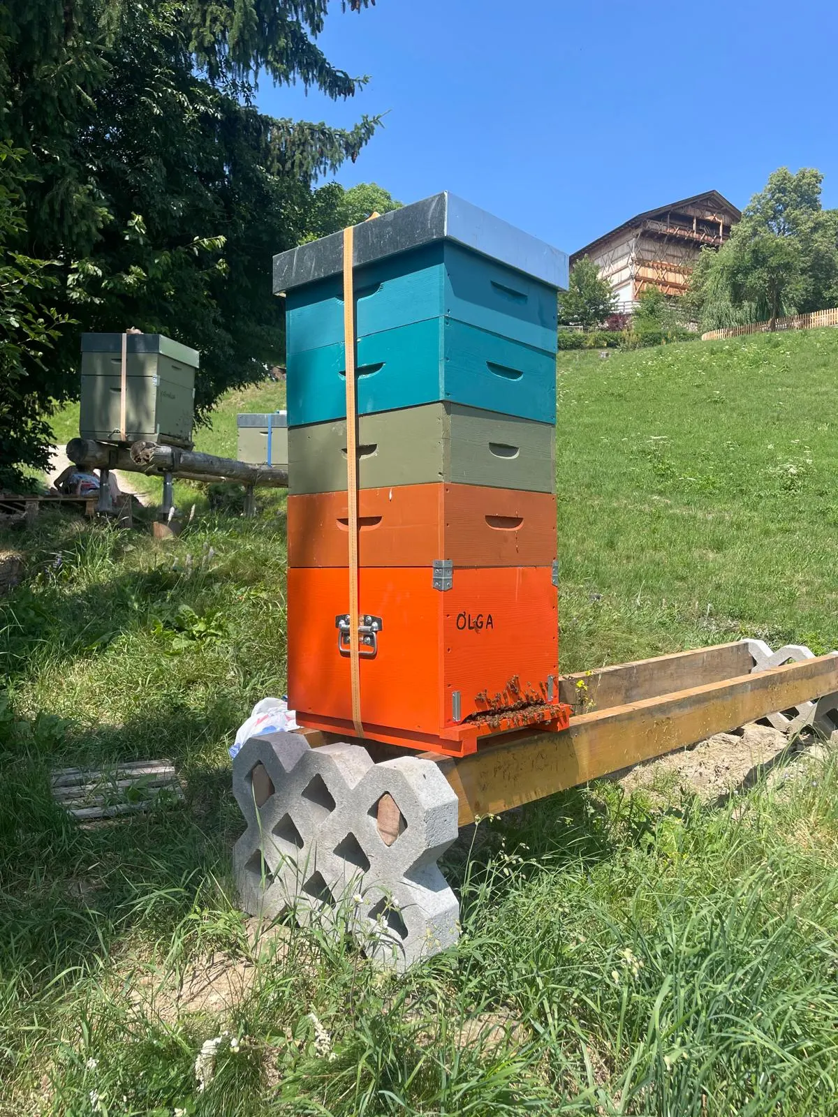 A tall, colourful hive